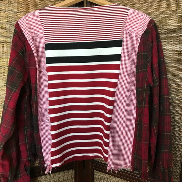 Upcycled Mixed Print Oversized Shirt, M-L: Red Gingham & Plaid Flannel Sleeves - Picture 10 of 14
